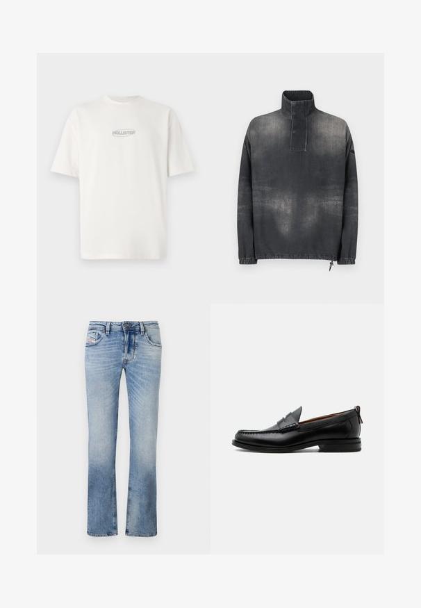 Pullover-Jacke aus dunkelgrauem Denim, mit hohem Kragen, durchgehender Knopfleiste, elastischen Bündchen und leicht verblasster Textur.; Weißes Baumwoll-T-Shirt mit Rundhalsausschnitt und kurzen Ärmeln, versehen mit einem kleinen grauen "HOLLISTER"-Logo, das mittig auf der Brust platziert ist.; Hellblaue Jeans aus Denim mit geradem Schnitt, ausgestattet mit Fronttaschen, einem Reißverschluss und subtilen Verfärbungen im gesamten Stoff.; Schwarzer Leder-Herrenschuh mit Mokassinnaht, Penny-Riemen, strukturiertem Kragen und niedrigem gestapeltem Absatz auf weißem Hintergrund.