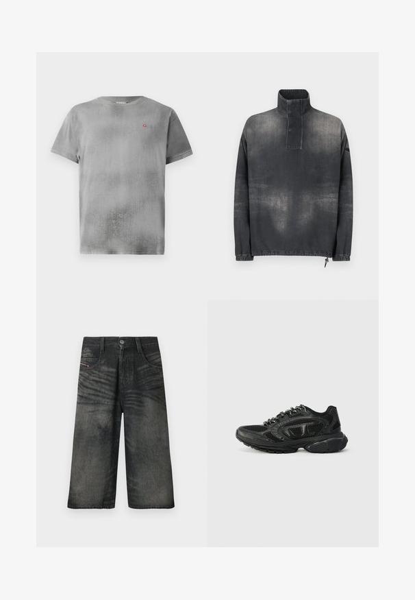 Tumedast hallist denimist pullover jakk, millel on kõrge krae, nööbitav lips, elastsed mansetid ja veidi pleekinud tekstuur.; Hallist lühikeste varrukatega t-särk tekstuuriga pinnaga. Vasakul rinnal on väike punane logo. Lihtne ümar kaelus ja sirge äär.; Mustad laia säärega teksapüksid, millel on ees nupud, tõmblukk, vööaasad ja tuhmistunud tekstuuridetailid.; Mustad mustus jooksujalats, millel on võrkmaterjalist ülemine osa, tekstureeritud detailid ja pehmendusega krae. Sidumisdisain koos paksu kummist tallaga toetuse jaoks.