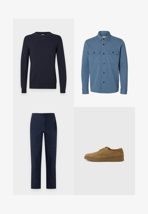 Veste-chemise bleu à manches longues avec boutons-pression noirs et deux poches à rabat sur la poitrine sur fond blanc.; Pull en maille bleu marine avec col rond, manches longues et poignets côtelés. Texture lisse et conception légère pour le confort.; Pantalon droit bleu marine avec devant plat, poches latérales et taille élastique munie d'une patte noire ajustable.; Chaussure décontractée à lacets en daim marron avec semelle en caoutchouc plate, vue de côté sur un fond clair uni.