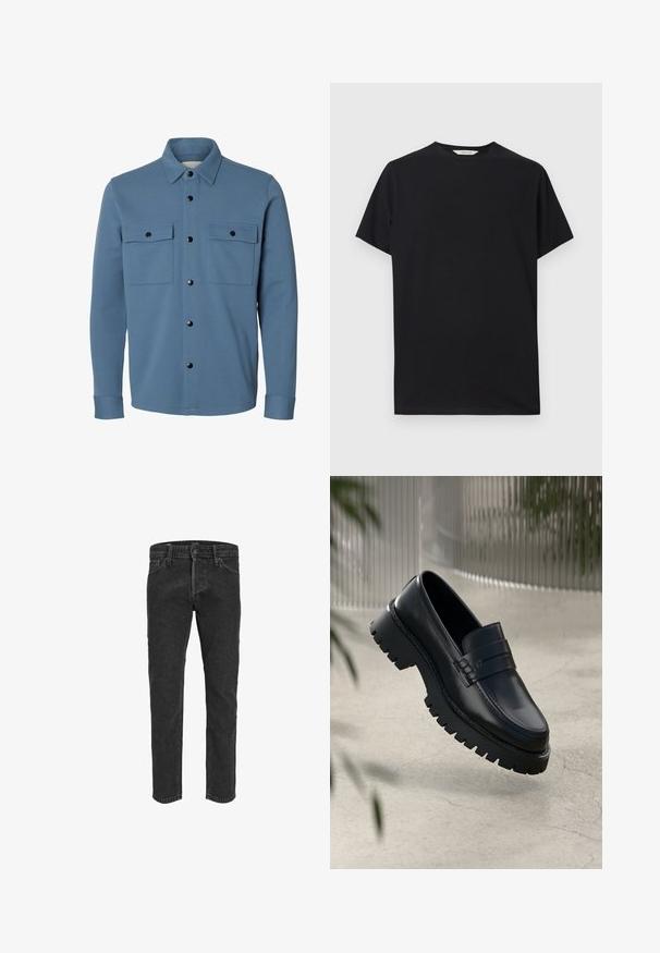 Veste-chemise bleu à manches longues avec boutons-pression noirs et deux poches à rabat sur la poitrine sur fond blanc.; T-shirt noir à manches courtes en tissu de coton doux. Col rond avec une coupe décontractée, présentant des lignes épurées et simples sans motifs visibles.; Jean en denim noir avec une coupe droite, cinq poches et passants de ceinture, présentant une texture légèrement délavée et des coutures contrastées.; Mocassins en cuir noir avec une semelle à crampons épaisse, dotés d'une sangle décorative et de détails de couture. Texture lisse avec une finition polie.