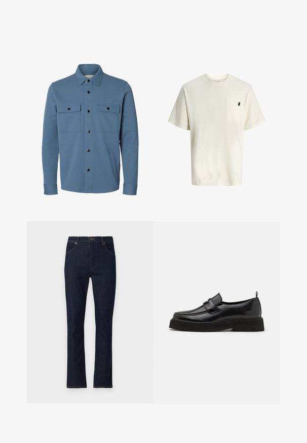 Chaqueta camisa azul de manga larga con botones de presión negros y dos bolsillos con solapa en el pecho sobre un fondo blanco.; Camiseta blanca de algodón con mangas cortas, cuello redondo, bolsillo en el pecho delantero y una pequeña etiqueta en el lateral. Textura suave y ajuste relajado.; Vaqueros azul oscuro de corte recto, con bolsillos delanteros, trabillas para cinturón y cierre de botón.; Zapatos estilo mocasín de cuero negro con suela plana y texturizada, con puntera cosida y una correa a lo largo del empeine.