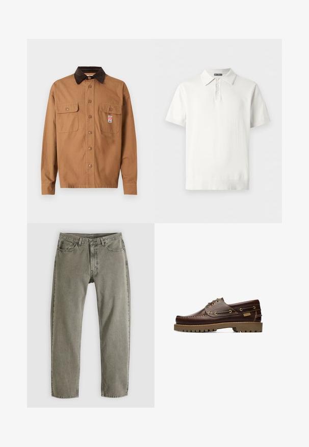 Brun skjortejakke med mørkebrun kordfløjlskrage, to forlommer med klap og et lille rektangulært logo patch på den højre lomme.; Hvid polo t-shirt med korte ærmer, tre knapper og krave, vist på en flad, lys baggrund.; Grå denimjeans med lige ben, for- og baglommer, bæltestropper og knaplukning, lagt fladt på en hvid baggrund.; Brune læder snørelæderbådssko med syede detaljer og tyk gummisål, set fra siden.
