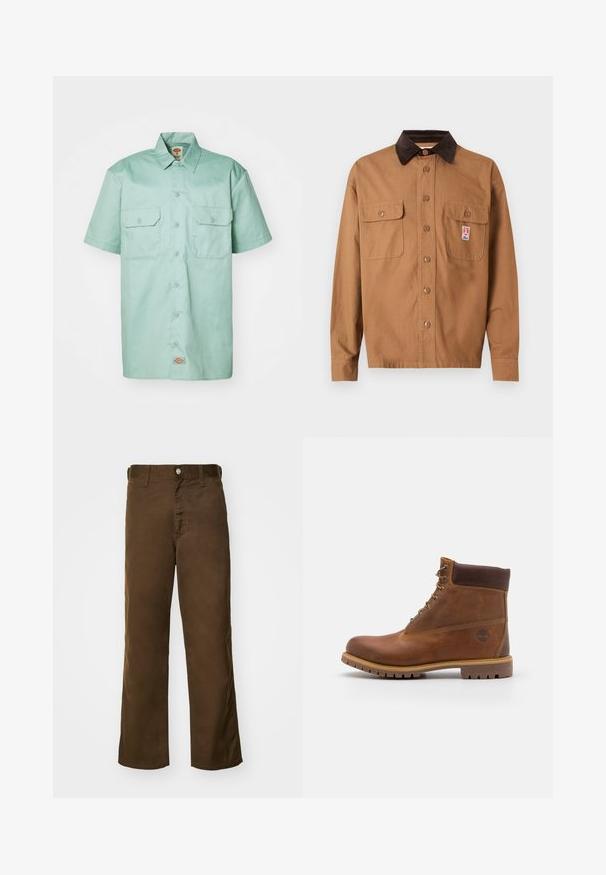 Ruskea napillinen takki, jossa on tummanruskea corduroy-kaulus, kaksi etutaskua, joissa on läppä, ja pieni suorakulmainen logopatch oikeassa taskussa.; Lyhythihainen mintunvihreä paita, joka on valmistettu puuvillasta. Siinä on nappisuljenta edessä, kaksi rinnan taskua ja logo-tagi helman lähellä.; Ruskeaka, suorat housut, jotka on valmistettu pehmeästä kankaasta, jossa on sileä rakenne. Housuissa on etupuolella nappikiinnitys ja perinteiset vyölenkit.; Ruske kožne planinarske čizme s glatkom površinom, podstavljenim gležnjem, metalnim rupama za vezivanje i gumeni potplat s robusnim uzorkom.
