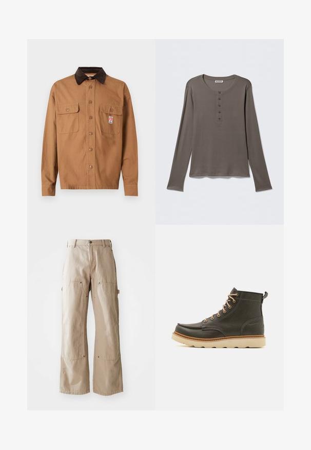 Brun skjortejakke med mørkebrun kordfløjlskrage, to forlommer med klap og et lille rektangulært logo patch på den højre lomme.; Grå henley-shirt med lange ærmer, fem knapper og rund halsudskæring, vist på en ensartet hvid baggrund.; Beige vide bukser lavet af slidstærkt bomuldsstof. Har for- og sidelommer, synlig syning og metaldetaljer ved lommerne.; Mørkegrønne læder ankelstøvler med beige snørebånd, polstret krave og tekstureret gummisål. Har vandtætte markeringer og syninger.