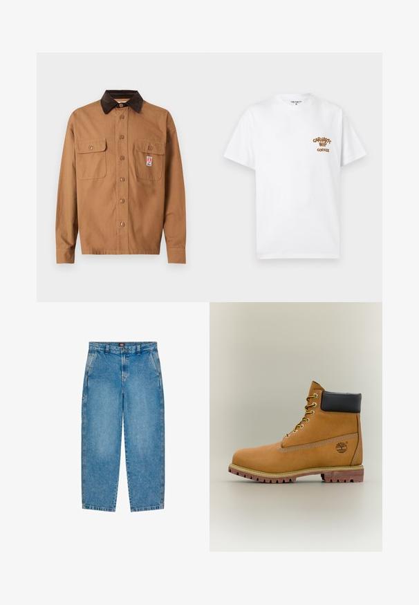 Brun skjortejakke med mørkebrun kordfløjlskrage, to forlommer med klap og et lille rektangulært logo patch på den højre lomme.; Hvid t-shirt med korte ærmer og rund halsudskæring med brun "Carhartt WIP Coffee" tekst på venstre bryst, størrelse medium, vist fladt på lys baggrund.; Lyseblå denim jeans med lige ben design. Har forlommer, lynlås og kontrastsyninger langs sømmene.; Brun læderankelstøvle med sort krave, gule snørebånd og tanfarvet sål. Har logo og hvide syninger som detalje. Robust ydersål med greb.