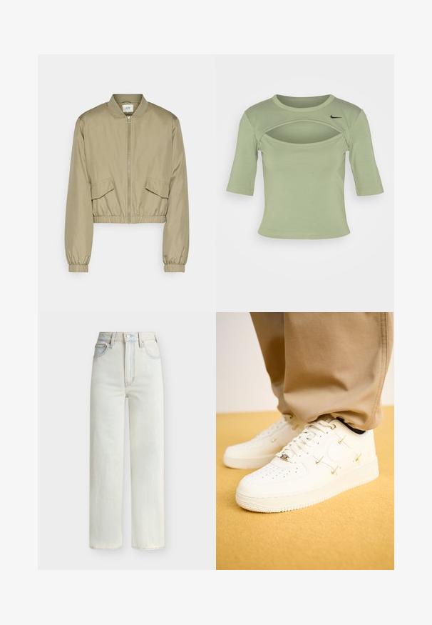 Geknipt bomberjack in licht olijfgroen. Beschikt over een ronde kraag, rits sluiting, en twee voorzakken met elastische boorden en onderrand.; Nike Sportswear CUTOUT - T-shirt print - oil green/black; Lichtblauwe denim jeans met hoge taille, rechte pijpen, vooraan sluiting met knopen en rits, en een ontwerp met vijf zakken.; Witte leren sneakers met geperforeerde neus, gouden accenten en platte veters, gecombineerd met beige broek op een gestructureerde gele ondergrond.