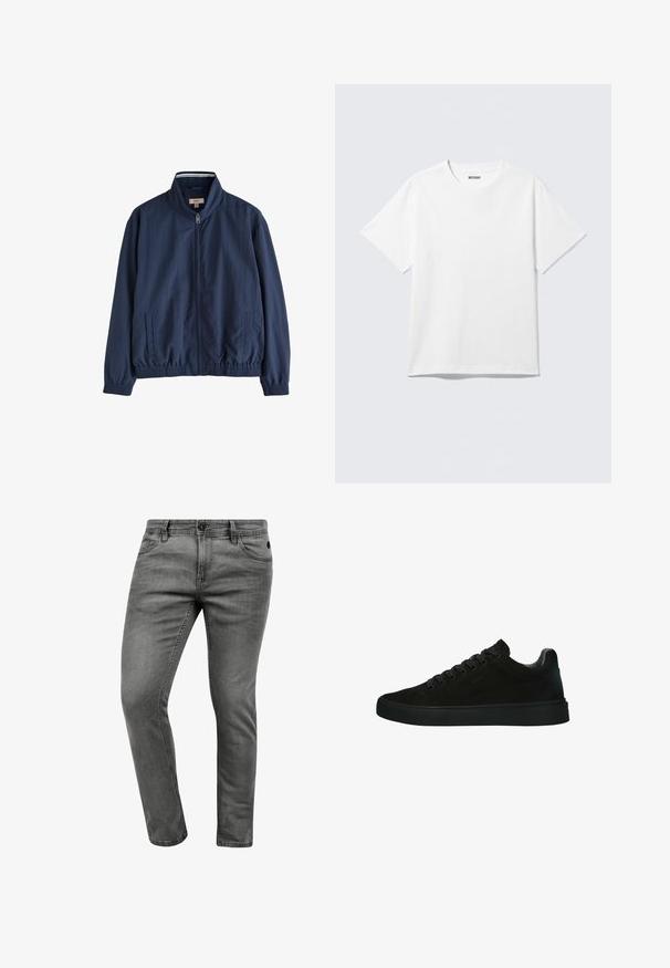 Marineblå letvægtsjakke med fuld lynlås foran, to sidelommer, elastiske manchetter og elastisk linning, med opretstående krave.; Hvid kortærmet crewneck T-shirt lagt fladt ud, ensfarvet design, med "WEEKDAY" mærkat inde i kraven på en lys baggrund.; Grå denim jeans med slim fit, der har fem lommer, en knaplukning og diskrete syninger. Blød tekstur og enkelt design.; Sorte ruskinds sneakers med lavtopdesign, flade snørebånd og gummisål. Har minimal syning og et blødt indre foder.