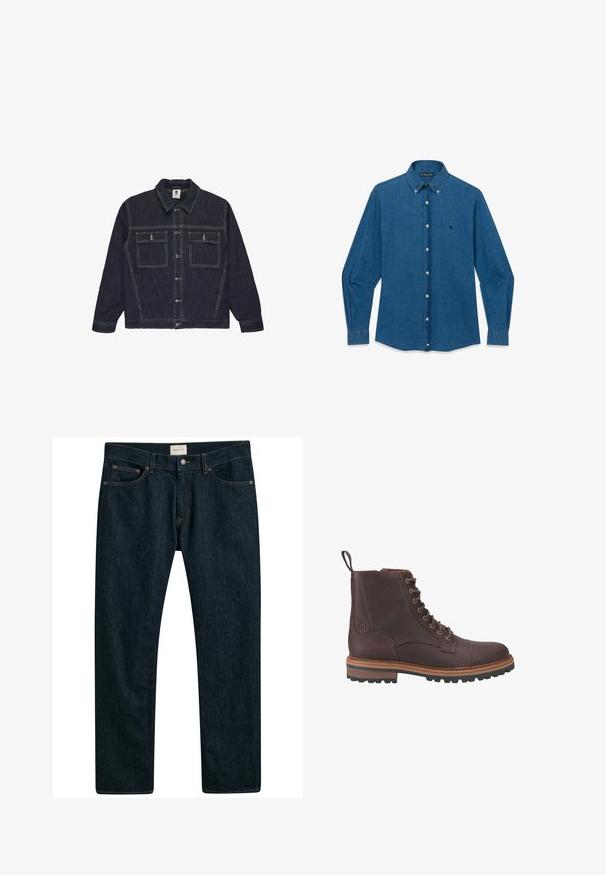 Donker spijkerjasje met een knoopsluiting aan de voorkant, spread collar, twee borstzakken en contrasterende stiksels. Lange mouwen met knoopmanchetten.; Blauw denim overhemd met lange mouwen, knoopsluiting, een puntige kraag en een klein geborduurd logo op de linkerborst.; Donkerblauwe denim jeans met een recht model, vijf zakken en contrasterende stiksels op de naden. Gladde stofstructuur.; Bruine leren veterschoenen tot boven de enkel met een gestructureerde afwerking, contrasterende beige zolen en metalen veteroogjes. Voorzien van een trekkoordje voor gemakkelijk aan- en uittrekken.