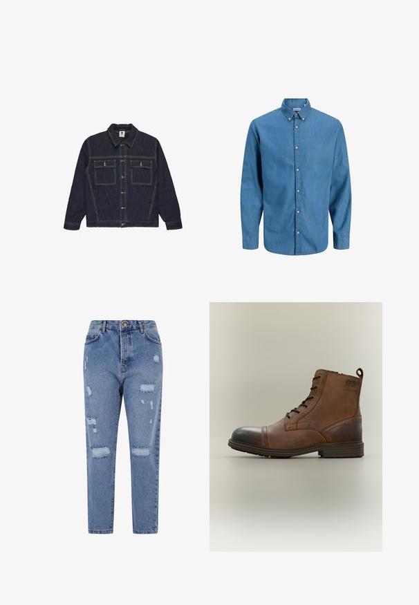 Dunkelblaue Jeansjacke mit Knopfleiste, umschlagbarem Kragen, zwei Brusttaschen und kontrastierenden Nähten. Lange Ärmel mit Knopfmanschetten.; Blaue Hemdbluse aus Denim mit Kragen und langen Ärmeln. Schlichte Textur mit sichtbaren Knöpfen auf der Vorderseite.; Hellblaue Denim-Jeans mit hoher Taille, geradem Bein und einem verwaschenen Design, das Risse und fransige Kanten aufweist.; Brauner Leder-Schnürstiefel bis zum Knöchel mit schwarzer Zehenkappe, runder Sohle und Markenlabel an der Seite vor schlichtem Hintergrund.