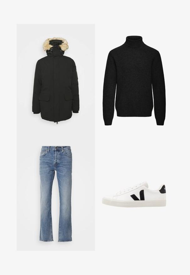 Schott NELSON - Wintermantel - black; Schwarzer Rollkragenpullover mit langen Ärmeln, gerippten Bündchen und Saum, aus weichem Strickstoff.; Hellblaue Denim-Jeans mit geradem Bein, fünf Taschen und einem kleinen Metallknopf am Bund. Ausfransender Saum.; Weiße Leder-Sneaker mit schwarzen Wildlederelementen; verfügen über eine Gummisohle, eine runde Spitze und ein klassisches Schnürdesign. Seitliches Logo in Schwarz.
