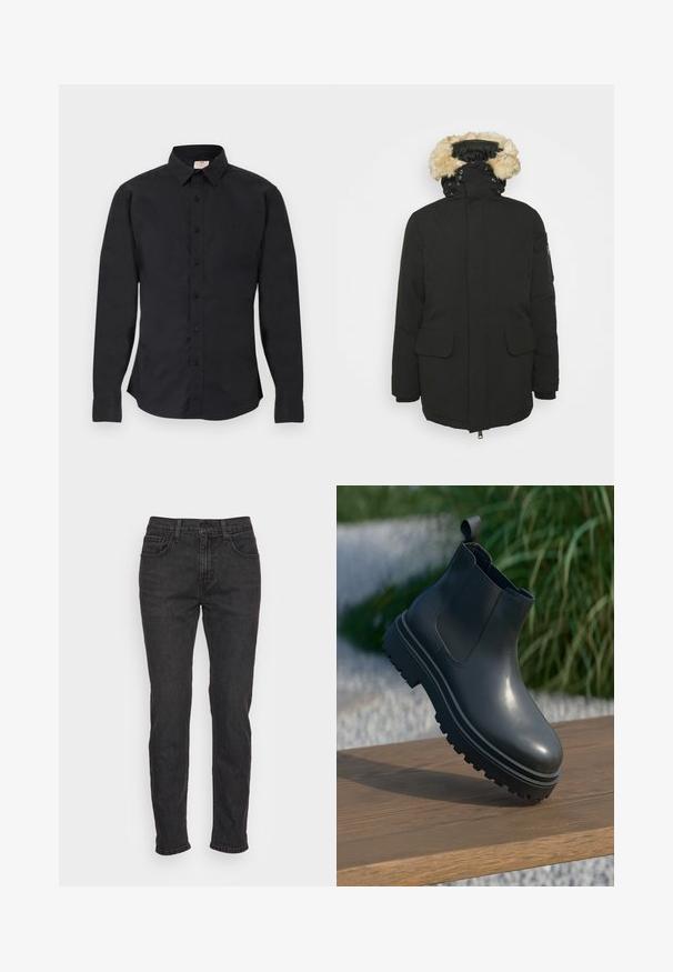 Schott NELSON - Wintermantel - black; Zwarte blouse met lange mouwen, knoopsluiting, kraag, knoopmanchetten en een klein logo aan de linkerkant van de borst, tentoongesteld op een vlakke ondergrond.; Zwarte denim jeans met een slim fit, voorzien van vijf zakken, riemlussen en subtiele stiksels. Versleten textuur over de stof.; Zwarte rubberen enkelboot met een gestructureerde afwerking, dikke, getreadde zool, elastische zijpanelen en een trekband aan de achterkant, rustend op een houten oppervlak.