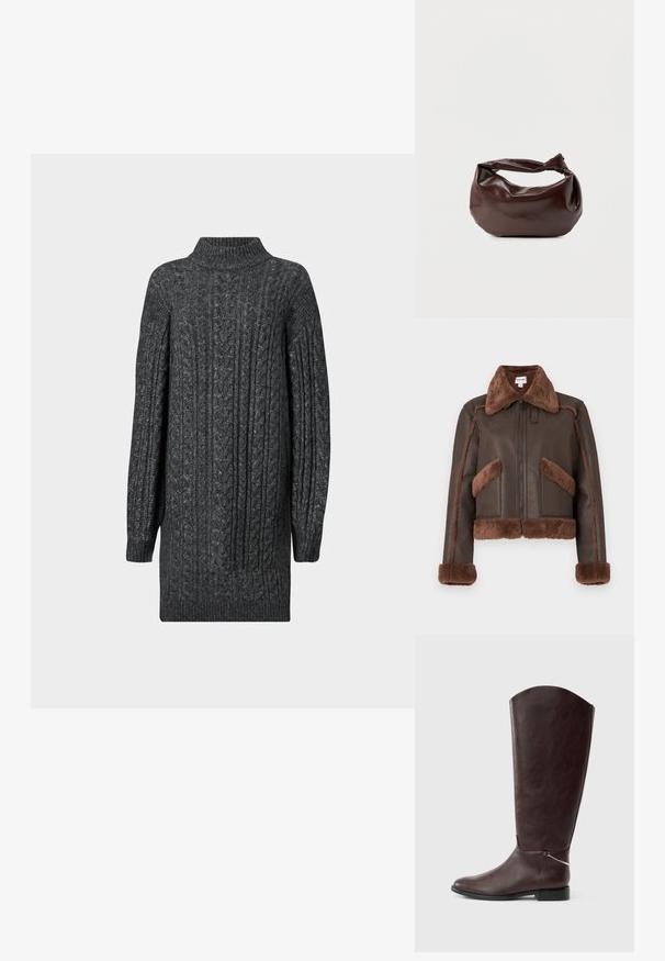Veste marron en fausse peau de mouton avec fermeture éclair devant, grand col en fourrure, poches, poignets et ourlet bordés de fourrure, présentée sur un fond uni.; Robe pull longue en tricot à côtes gris foncé avec un col montant, des poignets et un ourlet côtelés sur fond blanc.; Botte en cuir marron foncé montant jusqu'au genou, avec un talon plat et un petit charm argenté décoratif près de la cheville sur fond blanc.; Sac bandoulière en cuir marron foncé avec une forme souple et décontractée et une anse nouée torsadée sur un fond blanc uni.