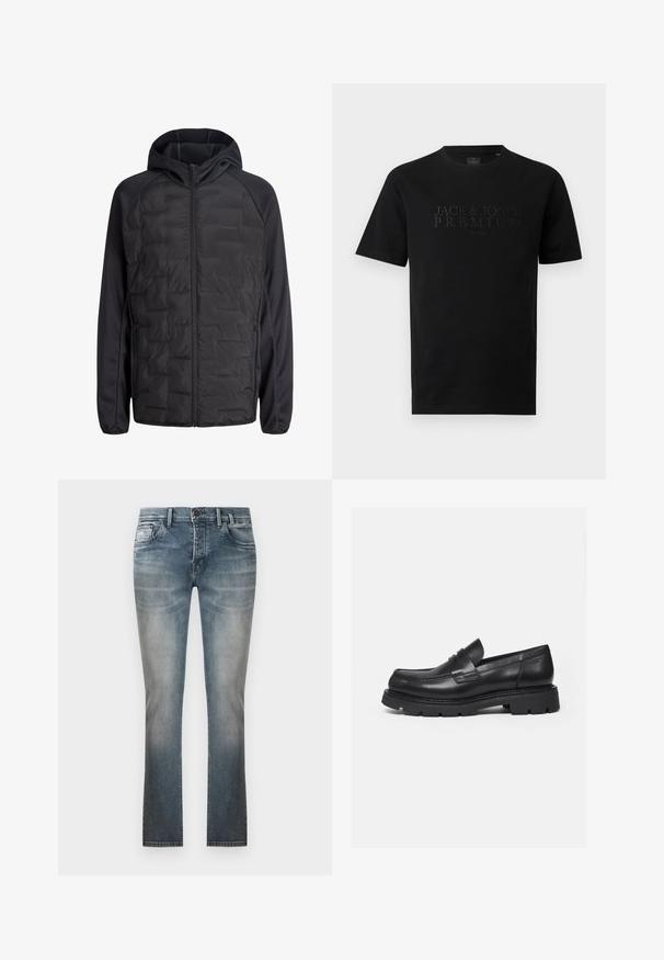 Veste hybride noire à capuche avec panneau avant matelassé, manches raglan lisses, fermeture éclair frontale et poches latérales zippées.; T-shirt noir à manches courtes et col rond avec texte en relief « JACK & JONES PREMIUM EST 1990 » au centre devant.; Jean droit bleu délavé avec poches avant, passants pour ceinture et fermeture par bouton, présenté sur un fond blanc uni.; Mocassin en cuir noir avec semelle épaisse crantée et détail de bride penny, présenté en profil droit sur fond blanc.