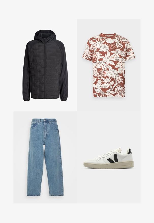 Sort hybridjakke med hætte, quiltet frontpanel, glatte raglanærmer, lynlåslukning foran og lynlåslukkede sidelommer.; Brun kortærmet t-shirt med hvidt tropisk blad- og planteprint, rund halsudskæring, vist på en ensfarvet baggrund.; Lyseblå denim jeans med høj talje og afslappet pasform, der har to forlommer, en baglomme og knaplukning.; Hvide lædersneakers med sort V-logo, perforeret tå, cremet gummisål, flade snørebånd og minimalistisk design.