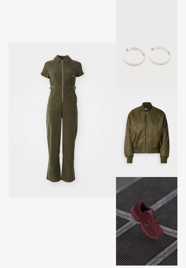 Olivengrøn bomberjakke med lynlås foran, ribstrikkede manchetter og kant. Har sidelommer og et lille logo på brystet. Glat, skinnende finish.; Olivengrøn kordfløjl jumpsuit med lynlås foran, korte ærmer, to brystlommer og justerbare sidebånd. Bukser med flared ben.; Rød Nike løbesko med et mesh-overdel, tekstureret detaljering, polstret krave og tyk sål, placeret over en gitteroverflade.; Sølvfarvede halvcirkelformede creoler med riflet tekstur og trykknapslukning på hvid baggrund.