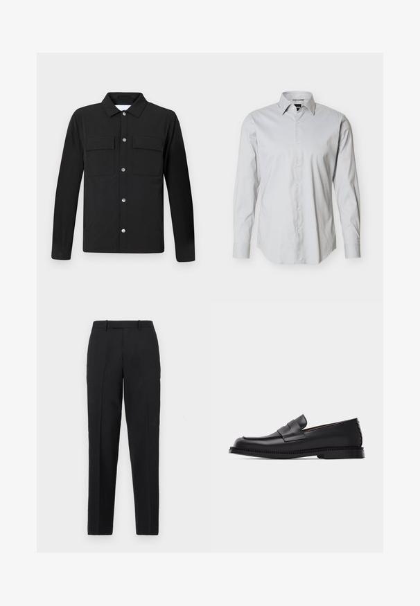 Veste noire avec col, deux poches poitrine et boutons-pression argentés. Fabriquée en tissu lisse avec une coupe droite et des manches longues.; Chemise habillée pour hommes à manches longues gris clair avec boutonnage sur le devant, col pointu et poignets à un bouton sur fond blanc uni.; Theory STRAIGHT - Pantalon classique - deep black; Mocassin penny en cuir noir avec un petit talon, un bout arrondi et une bride décorative sur le dessus, posé sur un fond clair uni.