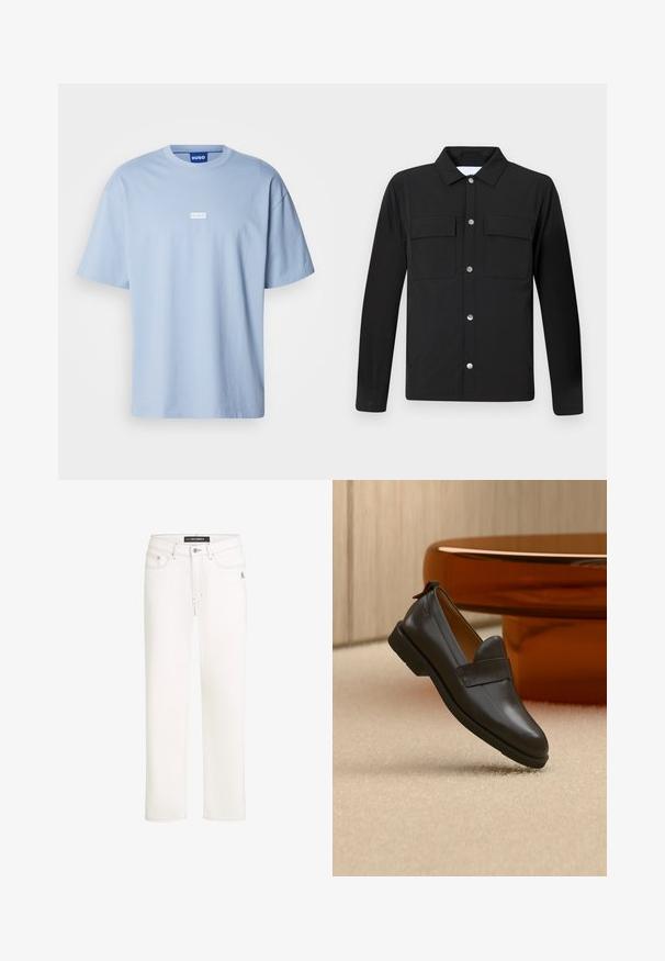 Chaqueta negra con cuello, dos bolsillos en el pecho y botones de presión plateados. Hecha de una tela suave, con corte recto y mangas largas.; Camiseta de manga corta azul claro hecha de algodón, con cuello redondo y un logo rectangular blanco en el centro del frente.; Jeans rectos blancos con bolsillos delanteros, cierre de botón y sutil logo "KL" en el área del bolsillo derecho.; Mocasín de cuero negro con tacón bajo flotando sobre una alfombra beige, junto a una mesa brillante de color ámbar en una habitación minimalista.