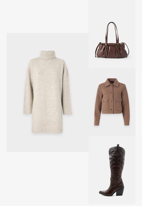 Chaqueta marrón, corta, con cuello, que presenta grandes bolsillos frontales y cierre de botones. Fabricada con un tejido suave con un acabado ligeramente texturizado.; Suéter beige claro con cuello alto acanalado, mangas largas y un corte holgado. Fabricado en una tela suave con una textura lisa.; Bota vaquera alta de cuero marrón oscuro con patrones decorativos cosidos, punta puntiaguda y tacón de bloque apilado.; Bolso de cuero marrón con dos asas largas, diseño acanalado, acentos de hardware en tono dorado y un acabado texturizado.