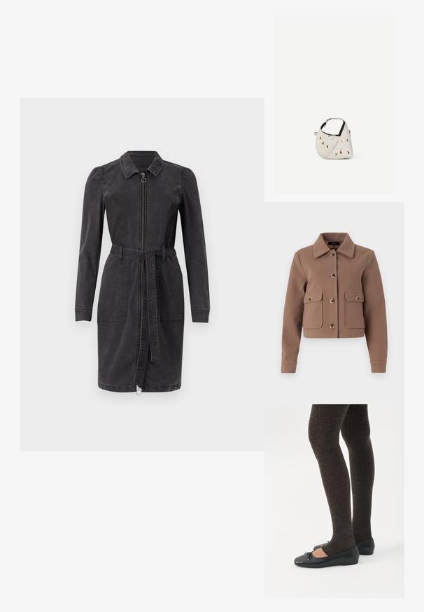 Chaqueta marrón, corta, con cuello, que presenta grandes bolsillos frontales y cierre de botones. Fabricada con un tejido suave con un acabado ligeramente texturizado.; Vestido de mezclilla negro con cuello tipo camisa, mangas largas, cierre frontal de cremallera y cintura ceñida con cinturón. Cuenta con dos bolsillos frontales y un dobladillo recto.; Piernas con leggings oscuros acanalados combinados con bailarinas negras que presentan pequeños detalles de lazo sobre un fondo blanco.; Pequeño bolso blanco con manchas marrones, forma triangular redondeada, forro interior negro y correa corta ajustable con hebilla plateada.