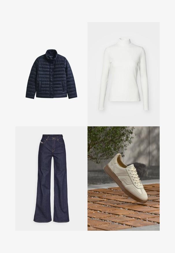 Marineblauwe doorgestikte jas met opstaande kraag, drukknopen aan de voorkant en twee voorzakken, ontworpen voor warmte en casual gebruik.; Witte geribbelde coltrui met lange mouwen, gemaakt van rekbare stof. Heeft een getailleerd ontwerp en een hoge halslijn voor bedekking.; Donkerblauwe wijde jeans van denimstof met een hoge taille, voorzien van oranje stiksels, een vijf-pocket ontwerp en een knoopsluiting.; Sneaker in roomkleur met een gestructureerde beige rubberen zool, vetersluiting en subtiele merkdetails aan de zijkant. Bovenwerk van glad leer.