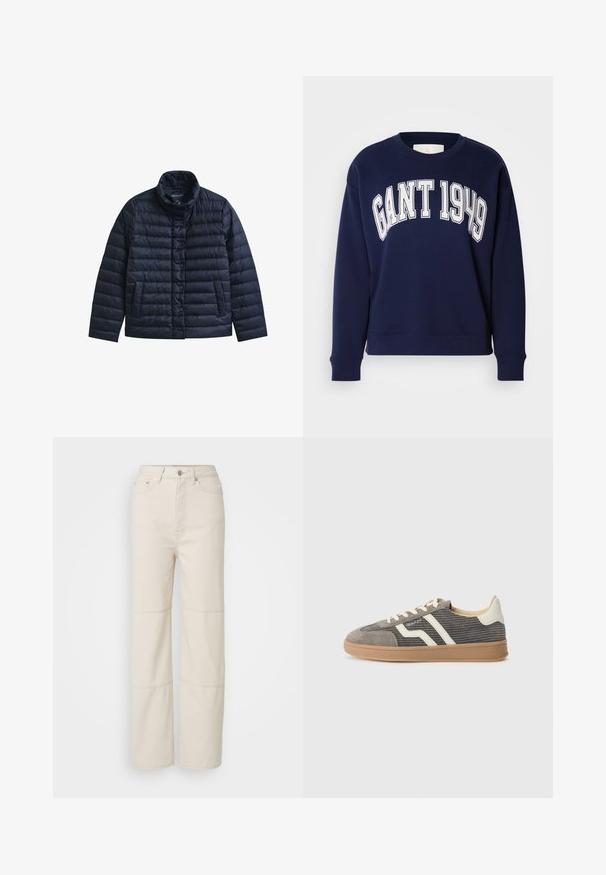Marineblauwe doorgestikte jas met opstaande kraag, drukknopen aan de voorkant en twee voorzakken, ontworpen voor warmte en casual gebruik.; Donkerblauwe sweatshirt van katoen, met een ronde hals en lange mouwen. Op de voorkant staat "GANT 1949" in witte blokletters.; Lichtbeige wijde jeans gemaakt van katoen. Heeft een hoge taille, een knoopsluiting aan de voorkant en twee horizontale naadaccenten op de benen.; Grijze suède sneaker met een gestructureerd bovenwerk, voorzien van crèmekleurige strepen en veters, en een gumrubberen zool voor grip. Tijdloos atletisch ontwerp.