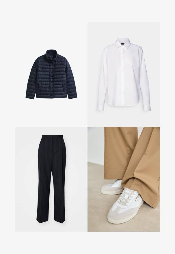 Veste matelassée bleu marine avec col montant, boutons-pression à l’avant et deux poches avant, conçue pour la chaleur et un usage décontracté.; Chemise blanche à manches longues, boutonnée, fabriquée en coton. Comprend un col classique et une broderie de marque discrète sur la poitrine. Texture lisse.; Pantalons bleu marine avec des rayures blanches verticales, coupe droite, taille intermédiaire et texture de tissu lisse.; Baskets blanches avec des accents en daim, des lacets texturés et une semelle en caoutchouc. Associées à un pantalon beige ample. Logo affiché sur le côté.