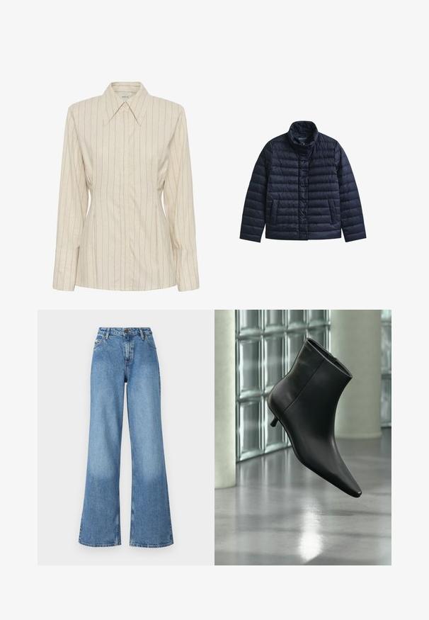 Veste matelassée bleu marine avec col montant, boutons-pression à l’avant et deux poches avant, conçue pour la chaleur et un usage décontracté.; Blouse beige à manches longues avec boutons, fines rayures verticales et col pointu.; Jean en denim bleu taille haute à jambes larges, avec poches avant, passants de ceinture et fermeture à bouton et zip.; Bottine en cuir noir à bout pointu et petit talon kitten, présentée en angle devant un sol poli et un mur en blocs de verre.