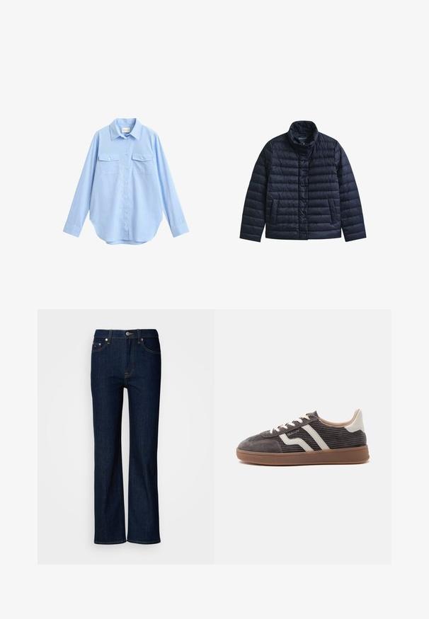 Veste matelassée bleu marine avec col montant, boutons-pression à l’avant et deux poches avant, conçue pour la chaleur et un usage décontracté.; Chemise bleu clair à manches longues boutonnée, avec deux poches poitrine avant et un col, présentée sur un fond blanc.; Jean en denim bleu avec une coupe droite, présentant des coutures contrastées, une fermeture à bouton et à zip, et un style à cinq poches.; Basket gris foncé unique avec des accents en cuir blanc, des côtés texturés, des lacets blancs et une semelle en caoutchouc marron, présentée de profil sur un fond uni.