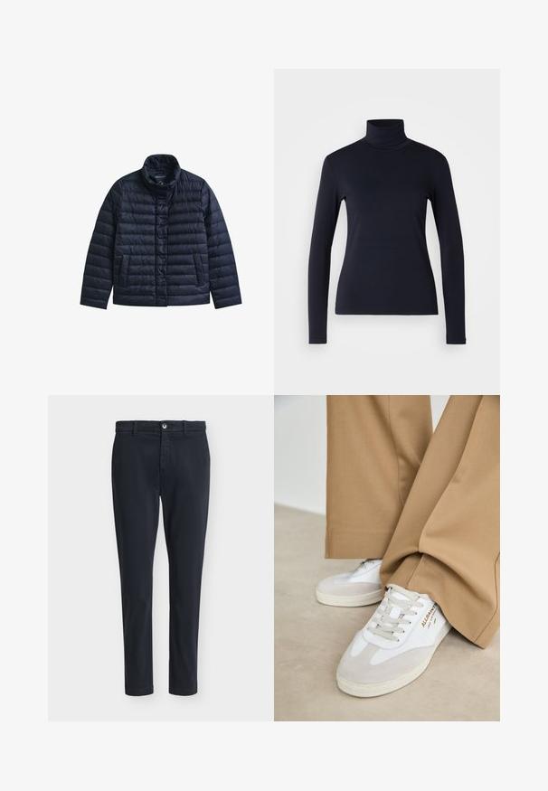Marineblå quiltet jakke med stående krave, frontknapper med trykknapper og to forlommer, designet til varme og afslappet brug.; Marineblå turtleneck langærmet top. Fremstillet af blødt stof med en glat tekstur. Har et tætsiddende design og høj krave uden synlige sømme.; Mørkeblå mænds slim-fit afslappede bukser med knaplukning og bæltestropper, vist på en ensfarvet lysegrå baggrund.; Hvide sneakers med ruskinddetaljer, strukturerede snørebånd og gummisål. Kombineret med løse, brune bukser. Logoet er vist på siden.