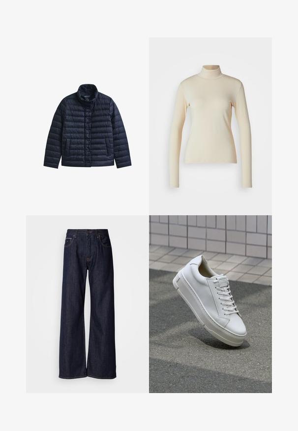 Chaqueta acolchada azul marino con cuello alto, botones a presión en la parte delantera y dos bolsillos frontales, diseñada para proporcionar calor y uso casual.; Top de manga larga de color crema con cuello alto, hecho de una tela suave y elástica; diseño ajustado con cuello alto y sin patrones o acentos visibles.; Jeans de mezclilla oscura de pierna ancha con una cintura alta, con bolsillos frontales y detalles de costura sutiles. Textura suave con un corte clásico.; Zapatilla de cuero blanca con diseño bajo, cordones planos, punta redondeada y laterales texturizados. Suela de goma gruesa con acentos sutiles.