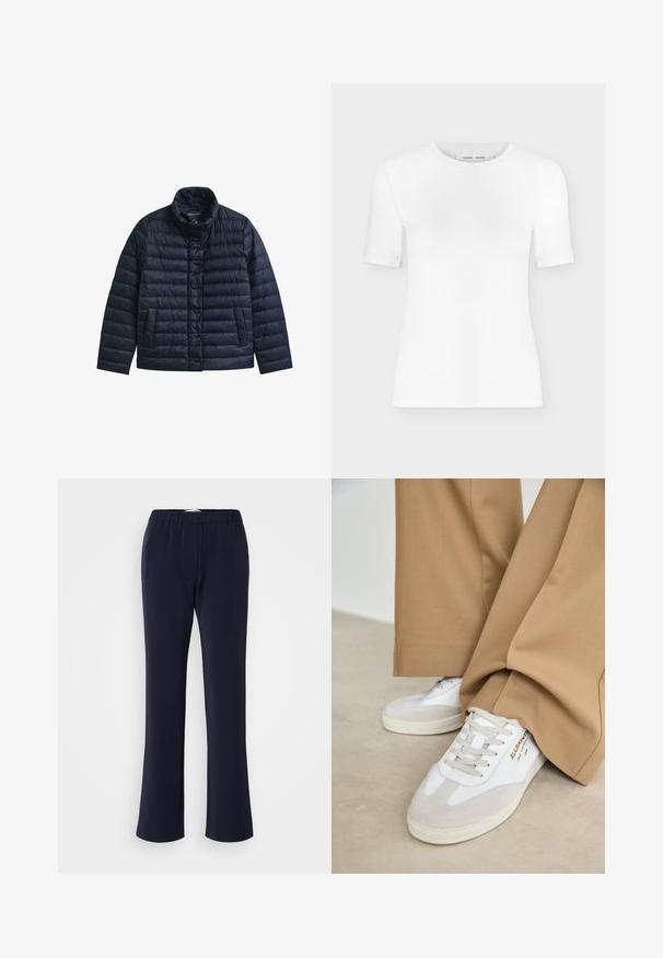 Chaqueta acolchada azul marino con cuello alto, botones a presión en la parte delantera y dos bolsillos frontales, diseñada para proporcionar calor y uso casual.; Camiseta blanca de manga corta con cuello redondo, ajuste slim y textura de tejido acanalado, mostrada sobre un fondo liso gris claro.; Pantalones de pierna recta en azul marino, confeccionados con tela elástica, con cintura elástica y dos bolsillos delanteros. Textura lisa, sin patrones visibles.; Zapatillas blancas con detalles de ante, cordones texturizados y suela de goma. Combinadas con un pantalón suelto en tono marrón claro. Logo exhibido en el lateral.