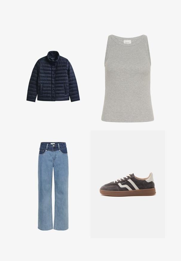 Marineblauwe doorgestikte jas met opstaande kraag, drukknopen aan de voorkant en twee voorzakken, ontworpen voor warmte en casual gebruik.; Grijze geribbelde tanktop met een ronde halslijn en mouwloos ontwerp. Gemaakt van zachte stof, met een aansluitende pasvorm en minimale naden.; Lichtblauwe denim wijde jeans met een hoge taille, vijf-pocket ontwerp en een contrasterende donkerblauwe patch aan de voorkant.; Enkele donkergrijze sneaker met witte leren accenten, getextureerde zijkanten, witte veters en een bruine rubberen zool, in profiel weergegeven tegen een effen achtergrond.