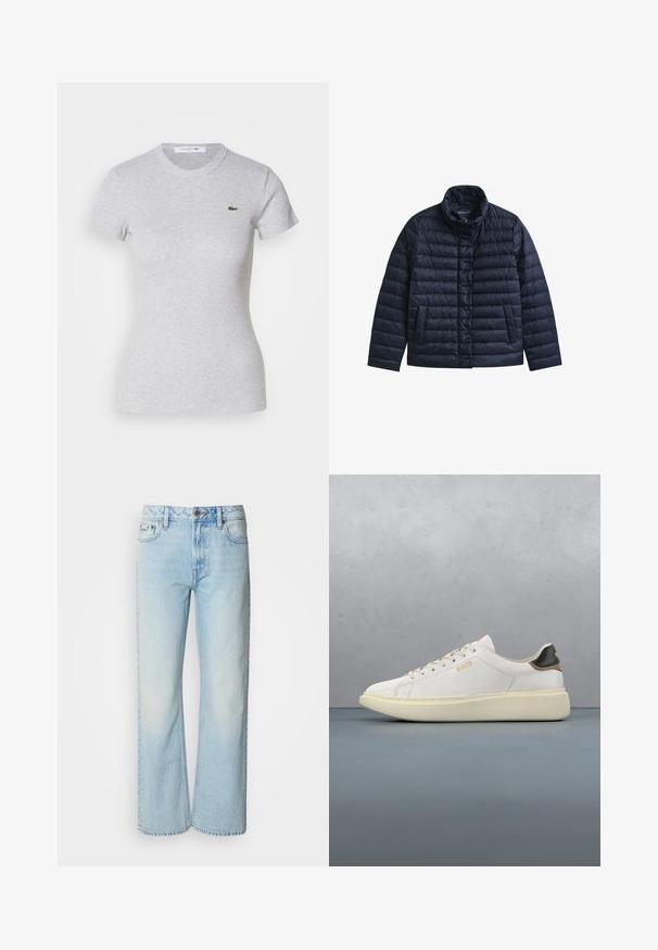 Marineblauwe doorgestikte jas met opstaande kraag, drukknopen aan de voorkant en twee voorzakken, ontworpen voor warmte en casual gebruik.; Lichtgrijs aangesloten t-shirt met korte mouwen, een ronde hals en een klein groen Lacoste krokodillenlogo op de linkerborst.; Lichtblauwe wijde jeans van denim, voorzien van een klassiek vijf-pocket ontwerp en een subtiele vervaagde textuur. Denimstiksels zijn zichtbaar.; Witte sneaker met een glad leren bovenwerk, voorzien van een tan en zwart leren hieltab, ronde veters en een chunky beige rubberen zool. Gouden logo detail.