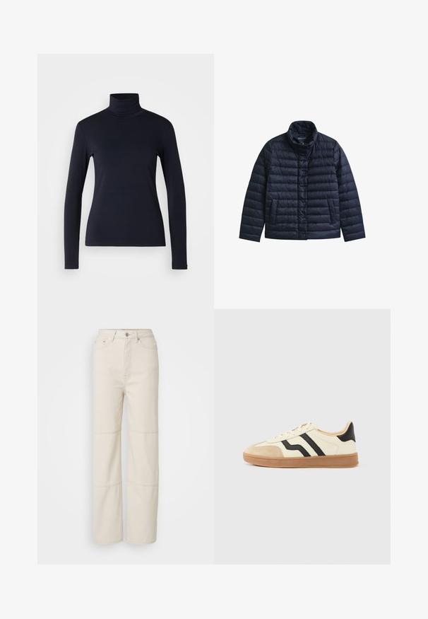 Veste matelassée bleu marine avec col montant, boutons-pression à l’avant et deux poches avant, conçue pour la chaleur et un usage décontracté.; Haut à col roulé bleu marine à manches longues. Fabriqué en tissu doux avec une texture lisse. Présente un design ajusté et un col haut sans coutures visibles.; Jean large beige clair en coton. Présente une taille haute, une fermeture à bouton à l'avant et deux accents de couture horizontaux sur les jambes.; Baskets à lacets avec une tige crème ornée de rayures noires et un bout en daim, complétées par une semelle en caoutchouc marron.