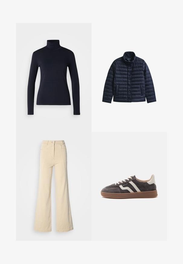 Veste matelassée bleu marine avec col montant, boutons-pression à l’avant et deux poches avant, conçue pour la chaleur et un usage décontracté.; Haut à col roulé bleu marine à manches longues. Fabriqué en tissu doux avec une texture lisse. Présente un design ajusté et un col haut sans coutures visibles.; Jeans beige à jambes larges avec taille haute, poches avant, et couture contrastée, dotés d'une fermeture à bouton et d'une texture en coton lisse.; Basket gris foncé unique avec des accents en cuir blanc, des côtés texturés, des lacets blancs et une semelle en caoutchouc marron, présentée de profil sur un fond uni.