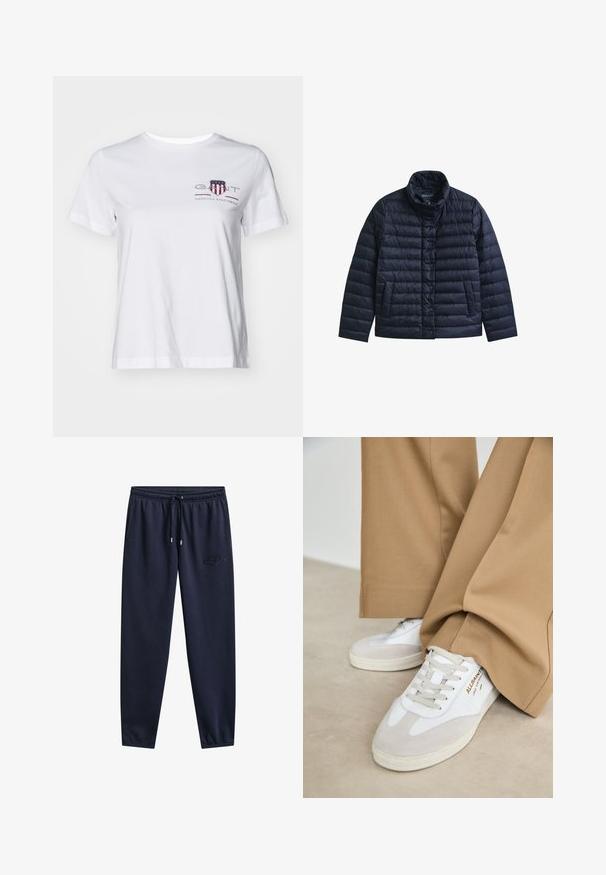 Veste matelassée bleu marine avec col montant, boutons-pression à l’avant et deux poches avant, conçue pour la chaleur et un usage décontracté.; T-shirt en coton blanc à manches courtes, col rond, avec un logo brodé rouge et bleu sur le côté gauche. Texture lisse, coupe décontractée.; Pantalon de survêtement bleu marine à taille élastique, cordon de serrage, poches latérales, jambes fuselées et logo brodé subtil sur la cuisse droite.; Baskets blanches avec des accents en daim, des lacets texturés et une semelle en caoutchouc. Associées à un pantalon beige ample. Logo affiché sur le côté.