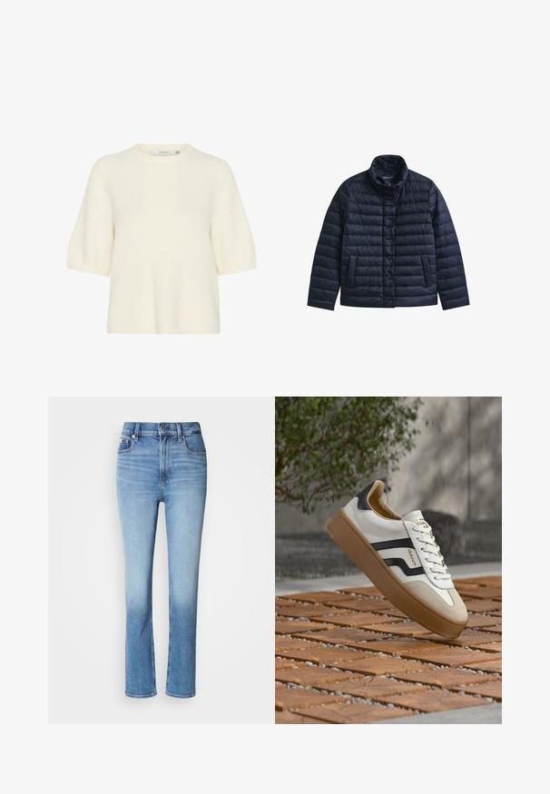 Marineblauwe doorgestikte jas met opstaande kraag, drukknopen aan de voorkant en twee voorzakken, ontworpen voor warmte en casual gebruik.; Korte mouwen, ronde hals trui gemaakt van zacht, pluizig materiaal in off-white. Beschikt over een relaxte pasvorm met geribde manchetten en boord.; Blauwe denim jeans met hoge taille, rechtvallende pasvorm, vervaagde kleurverloop en vijf-pocketstijl. Metalen knoop en ritssluiting.; Witte sneaker met zwarte accenten en beige suède, voorzien van een gestructureerde rubberen zool en een vetersluiting. Merkembleem zichtbaar aan de zijkant.