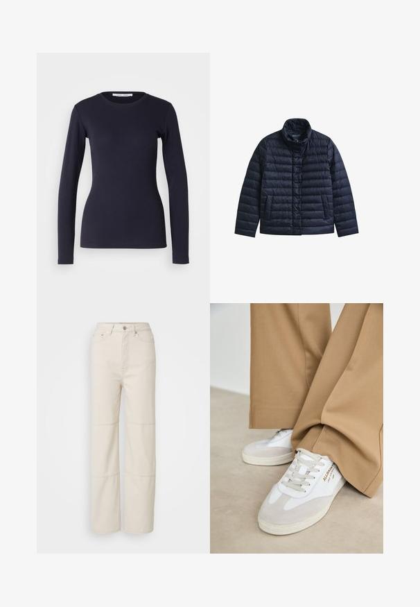 Veste matelassée bleu marine avec col montant, boutons-pression à l’avant et deux poches avant, conçue pour la chaleur et un usage décontracté.; T-shirt à manches longues navy en coton doux. Présente un col rond, une coupe ajustée et une texture côtelée. Design simple et uni.; Jean large beige clair en coton. Présente une taille haute, une fermeture à bouton à l'avant et deux accents de couture horizontaux sur les jambes.; Baskets blanches avec des accents en daim, des lacets texturés et une semelle en caoutchouc. Associées à un pantalon beige ample. Logo affiché sur le côté.