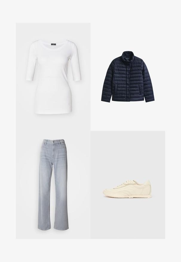 Veste matelassée bleu marine avec col montant, boutons-pression à l’avant et deux poches avant, conçue pour la chaleur et un usage décontracté.; T-shirt ajusté blanc avec des manches trois quarts, texture douce, encolure ronde et un détail d'accent sur le côté près de l'ourlet.; Jean large gris clair à taille haute, en denim. Doté de poches avant, d'une fermeture éclair et d'un léger délavage sur l'ensemble.; Baskets basses de couleur crème avec des coutures ondulées, une fermeture à lacets et une semelle crantée, vues de côté sur un fond uni.