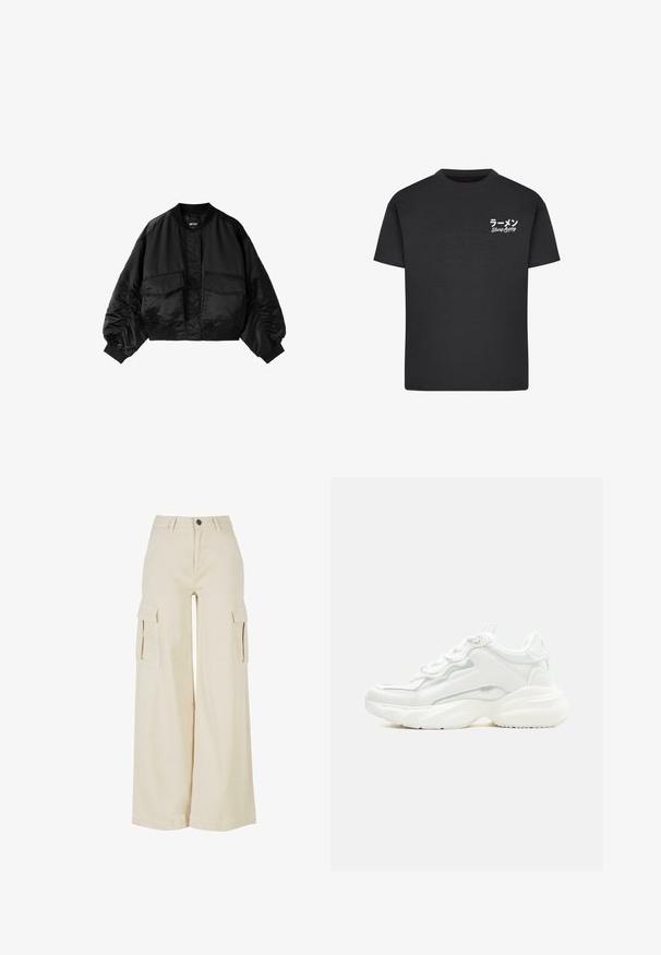 Sort cropped bomberjakke med forlommer med klap, ribbet manchet og krave, vist på hvid baggrund.; Sort bomulds T-shirt med rund hals. Har hvid tekst, inklusive japanske tegn og "Slurp Away," på venstre brystområde.; Beige cargo bukser med vidde, lavet af bomuld, med to store sidelommer, lukning med knap foran og en ren kant.; Hvid chunky sneaker med tyk sål, snørelukning foran og glat syntetisk overdel med subtile syningsdetaljer.