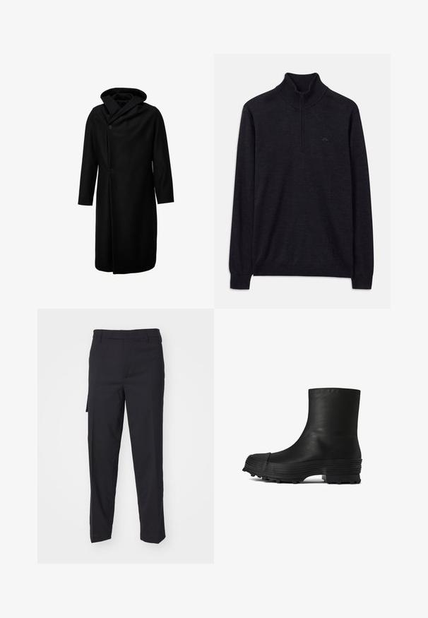 Manteau en mélange de laine noire avec une capuche, un col asymétrique, deux boutons sur le devant et des manches longues à coupe décontractée. Texture lisse.; Pull noir à manches longues avec col haut côtelé et demi-zip, présentant un logo discret sur la poitrine gauche.; Pantalon noir fabriqué en un tissu tissé lisse. Il présente une coupe droite, une coupe slim, des passants de ceinture et une poche latérale.; CAMPERLAB TRAKTORI - Bottines - schwarz