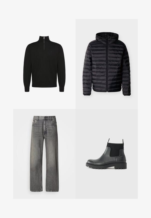 Veste matelassée noire avec quilting horizontal, capuche avec cordons ajustables, fermeture zippée intégrale à l'avant, et petite écusson logo sur la poitrine.; Pull noir à manches longues avec fermeture éclair sur le devant jusqu'à mi-hauteur, poignets et bas côtelés, avec un petit logo discret sur la poitrine.; Jean à jambes larges en denim gris foncé avec une finition délavée. Dispose d'un design classique à cinq poches et de passants pour ceinture.; Bottines noires en caoutchouc avec une finition mate, présentant un design épuré, des panneaux élastiques et une semelle épaisse pour une meilleure traction.