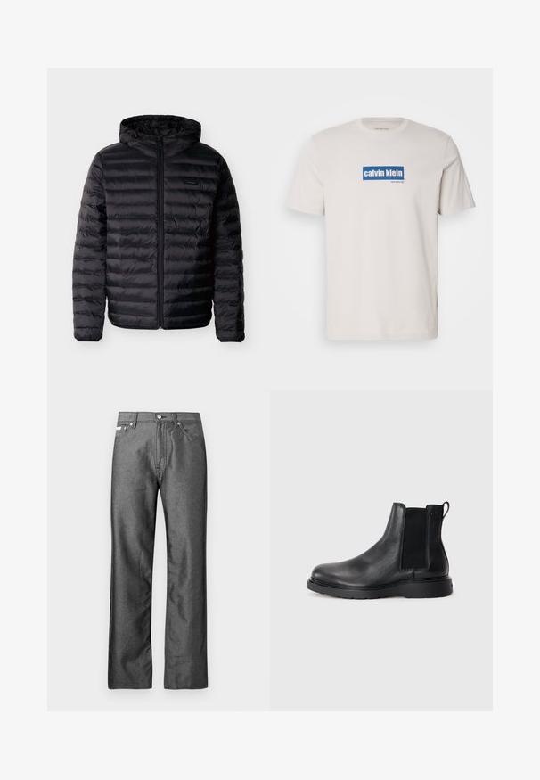 Sort polstret jakke med vandrette quiltede paneler, hætte med justerbare snore, fuld lynlås foran og lille logo-patch på brystet.; Hvid bomulds T-shirt med et blåt rektangulært logo med "calvin klein" og "new york city" i hvid tekst på forsiden. Klassisk pasform.; Grå denimjeans med lige ben, fem lommer samt metal knapper og nitter. Har en diskret tekstur.; Sorte læder chelsea støvler med tekstureret finish, elastiske sidepaneler og en robust gummisål. Subtil branding på hælen.