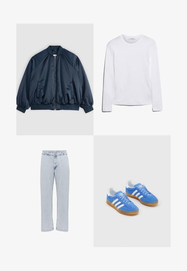 Cazadora bomber azul marino con cremallera frontal, cuello, puños y dobladillo acanalados, y dos bolsillos laterales sobre un fondo claro.; Camiseta de manga larga blanca hecha de algodón acanalado, con un cuello redondo y un dobladillo recto. Diseño simple sin patrones ni acentos.; Jeans de mezclilla de color azul claro con un corte recto, que presentan un cierre de botón y cremallera convencional, y una textura ligeramente desgastada.; Zapatillas deportivas azules de ante con acentos de rayas blancas, suela de goma y cuello acolchado para mayor comodidad. Presenta un diseño clásico de cordones.