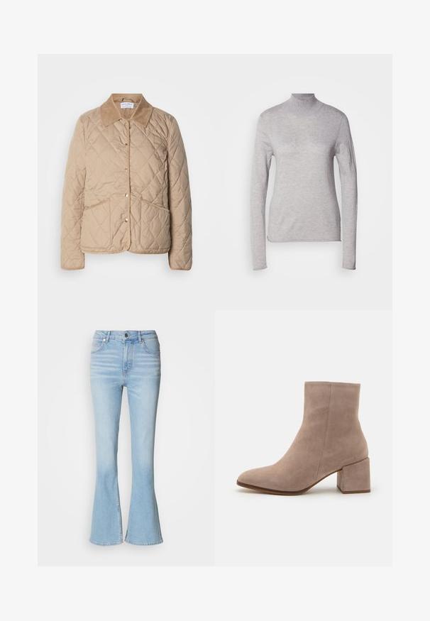 Beige gewatteerde jas met knopen, twee opgestikte zakken en een contrasterende ribbelkraag.; Lichtgrijs coltruis met lange mouwen, gemaakt van een zachte gebreide stof. Heeft een aangesloten ontwerp en een geribbelde kraag. Soepele textuur.; Lichtblauwe flared jeans van denim met een hoge taille, voorzien van subtiele vervaging en een standaard ritsluiting.; Beige suede enkelboot met een spitse neus en een chunky vierkante hak. Het oppervlak is glad met een zachte textuur en minimale details.