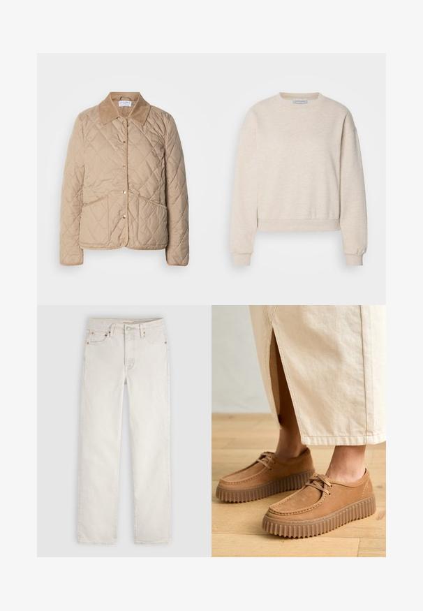 Veste matelassée beige avec fermeture à boutons, deux poches à rabat et un col en velours côtelé contrastant.; Sweatshirt beige clair en tissu doux, doté d'un col rond, de coutures d'épaule tombantes et de poignets et ourlet côtelés.; Jean droit en denim couleur écru, avec bouton devant, passants de ceinture et cinq poches, posé à plat sur un fond clair.; Chaussures en cuir tan avec une surface texturée, bout rond et semelles épaisses à cannelures. Les lacets et les détails de couture rehaussent le design.