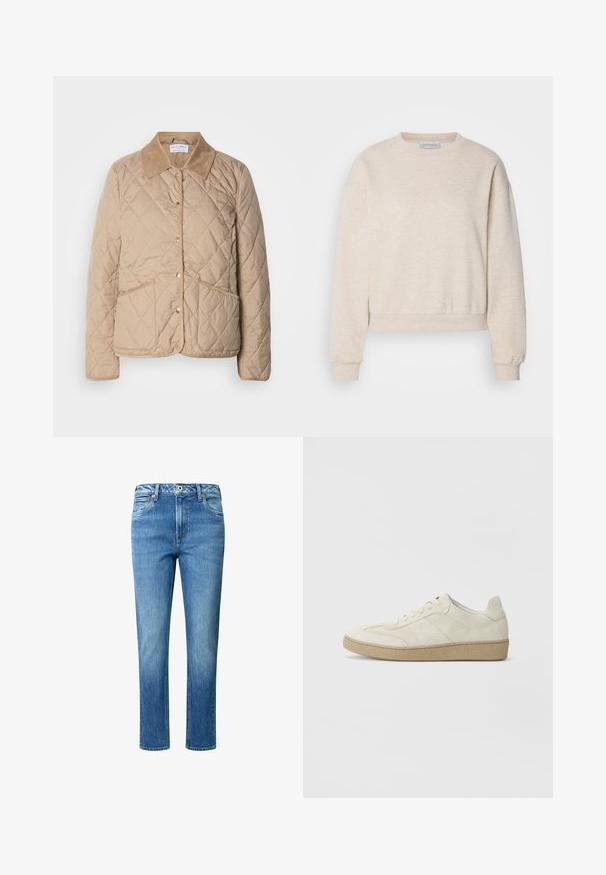 Kerman beige vuoretulla takki, jossa on nappikiinnitys, kaksi läppätaskua ja kontrastivärinen samettikaulus.; Helle beige hettegenser laget av mykt stoff, med rund hals, senkede skuldresømmer, og ribbede mansjetter og kant.; Vaaleansiniset farkut suoran lahkeen leikkauksella, viisi taskua, nappi- ja vetoketjukiinnitys sekä hienovarainen haalistuma reisissä.; Vaahtokarkki värisiä mokkasiineja, joissa on teksturoitu muotoilu, litteä kumipohja ja erottuva sivuommel. Pyöreä kärki ja pehmustettu kaulus.