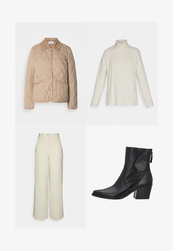 Beige kviltet jakke med knapfront, to stiklommer og en kontrasterende kordfløjlskrave.; Turtleneck sweater i lys beige med lange ærmer, ribbet tekstur, sideslids og en afslappet pasform. Fremstillet af blødt strikmateriale.; Emporio Armani Bukser - avorio; Sort ankelstøvle lavet af glat læder med en spids tå, lynlås i siden og en chunky hæl. Enkel syning tilføjer detaljer.