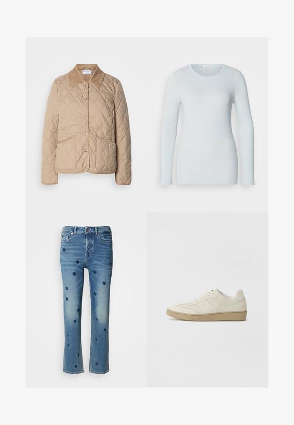 Beige Steppjacke mit Knopfleiste, zwei aufgesetzten Taschen und einem kontrastierenden Cordkragen.; Helles blaues langärmliges T-Shirt aus Rippstoff. Verfügt über einen runden Halsausschnitt und eine schmale Passform. Glatte Textur ohne sichtbare Muster oder Verzierungen.; Hellblaue Jeans aus Denim mit geradem Bein, verziert mit navyblauer floralem Stickerei und einem Used-Look-Effekt nahe den Taschen und dem Saum.; Beige Wildledersneaker mit strukturiertem Design, flacher Gummisohle und ausgeprägter Seitennaht. Runde Zehenform und gepolsterter Kragen.