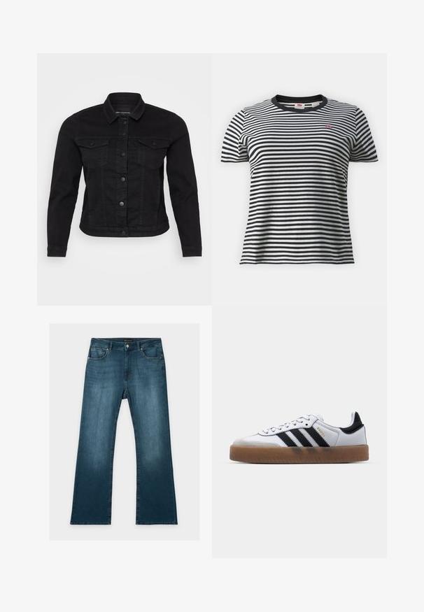 Sort denimjakke med klassisk krave, frontknaplukning, to brystlommer og stikninger.; Sorte og hvide stribede t-shirts med korte ærmer, rund hals og et lille rødt logo på venstre bryst. Blødt bomuldsstof.; Blå jeans med lige ben, foran- og baglommer, knap- og lynlåslukning og subtile falmede detaljer på lår og knæ.; Hvide lædersneakers med sorte striber, gummirubber sål, rund tå, snørelukning og blød grå ruskinds tåhætte.